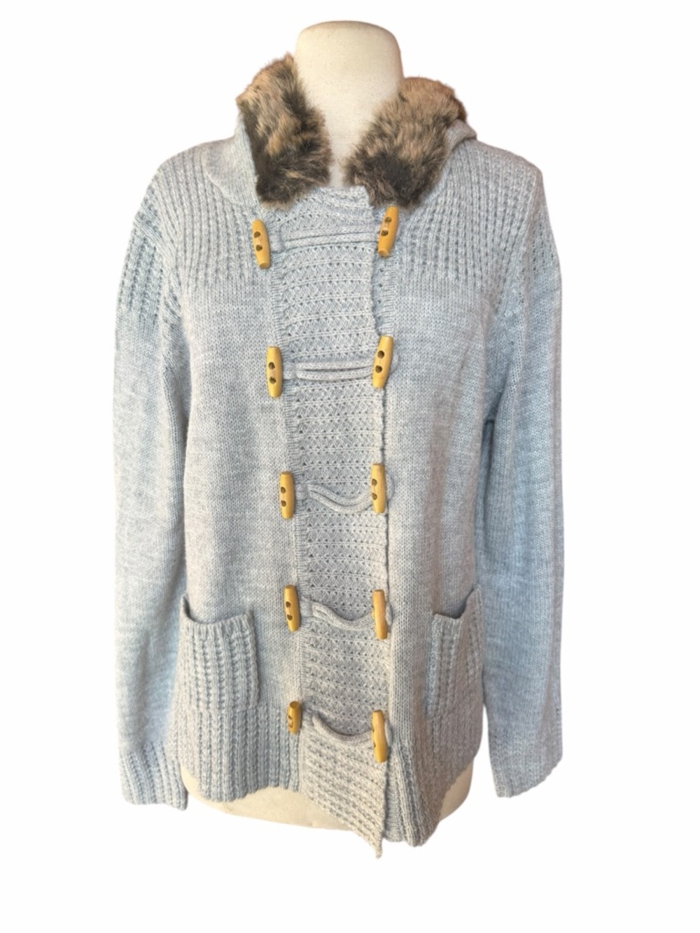 Y2K Fashion Bug Light Gray, Chunky Mid-Weight Faux Fur  Trim Hooded Toggle Closu